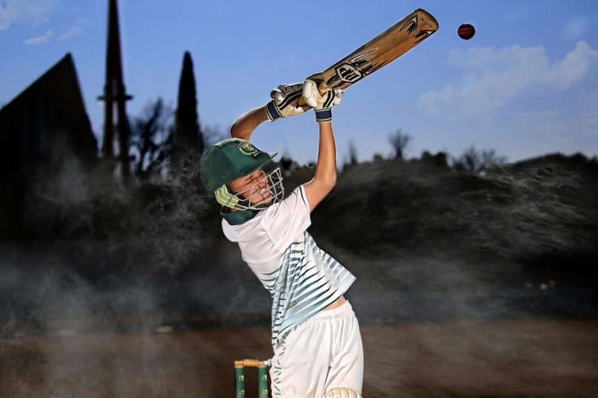 a young man raising a cricket bat